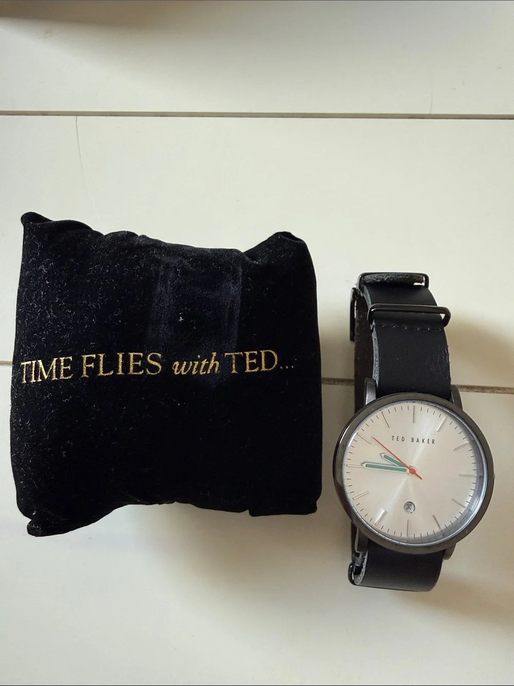 Ted Baker Black Leather Strap Watch with Silver Dial and Teal Second Hand